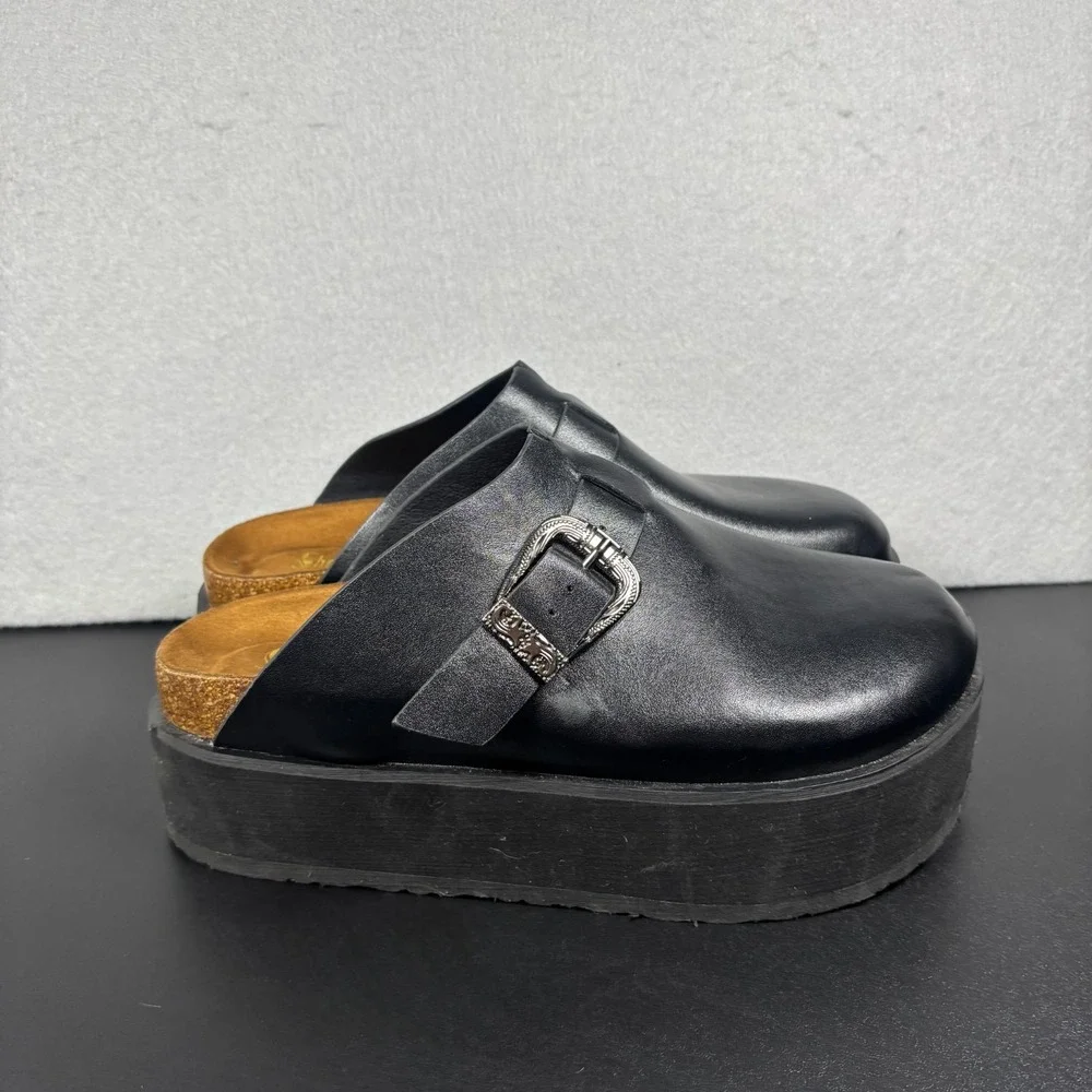 Womens Black Platform Clogs Size 10 Buckle Mules Goth Grunge Chunky Slip On Shoe